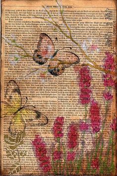 an old book page with flowers and butterflies on it, in front of a butterfly background