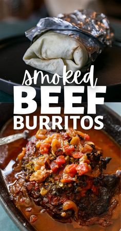 this is an image of smoked beef burritos on a plate with text overlay