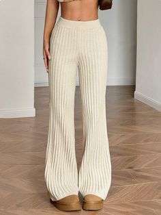 1pc Women's Solid Ribbed Flare Leg Wide Leg Casual Knit Pants, Autumn/Winter Apricot Casual   Knitwear Plain  High Stretch  Women Clothing, size features are:Bust: ,Length: ,Sleeve Length: Solid Ribbed Winter Pants, Ribbed High Waist Pants, Beige Bottoms For Winter, Cozy Ribbed Bottoms For Winter, Non-stretch Ribbed Pants, Winter Full-length Knit Pants, High Waist Beige Ribbed Bottoms, High Waist Ribbed Beige Bottoms, Beige Stretch Ribbed Pants