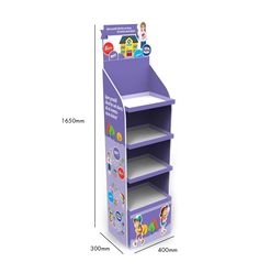 the toy store display is purple and has three shelves for children's playrooms