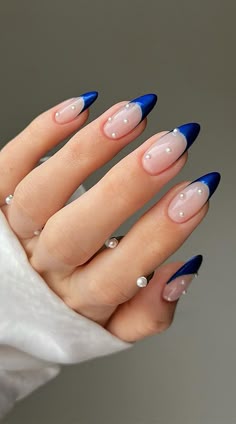 blue french tips with pearls, blue nails, butterfly blue nails, blue nail designs, blue nail art, blue nail ideas, mismatched blue nails, short blue nails, simple blue nails, almond blue nails 