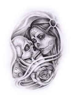 a woman with two skulls and roses on her shoulder is shown in this tattoo design