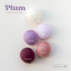 four balloons with the words plum written on them in different colors and sizes are shown against a white background