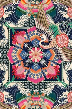 an intricately designed scarf with feathers and flowers in blue, pink, green, orange and