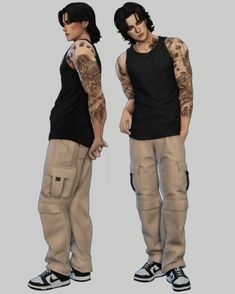 two men with tattoos standing next to each other wearing cargo pants and black tank tops