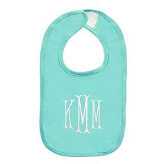 a baby bib with the letter m in white on a light blue colored background