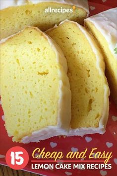 a close up of a cake on a plate with the words cheap and easy lemon cake mix recipes