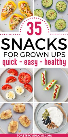 Bell pepper nachos, cucumbers with avocado, hard boiled egg and tomato, celery boats, apple slices, yogurt with nuts and seeds. Easy Snacks For Adults, Snacks For Adults, Easy Healthy Meals, Vegetable Snacks, Veggie Snacks