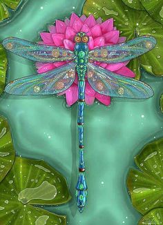 a painting of a dragonfly sitting on top of a pink flower in the water