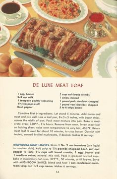 an old recipe book with pictures of meats and other foods on the table in it