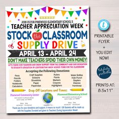 an advertisement for the stock and classroom supply drive