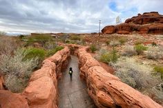 a person walking down a path in the middle of some red rock formations with trees and bushes