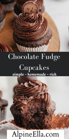 chocolate fudge cupcakes with frosting on top