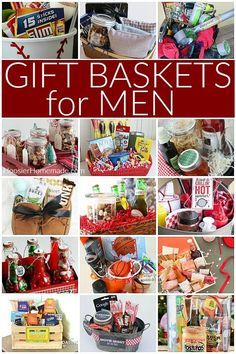 the gift baskets for men are organized and ready to be given as gifts or present