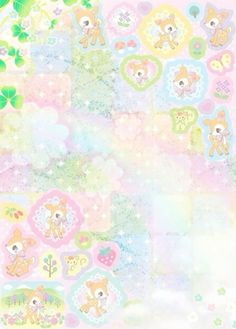 an abstract background with teddy bears and clovers in pastel colors, including green leaves