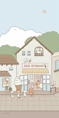 an ice cream shop with cartoon characters on the front