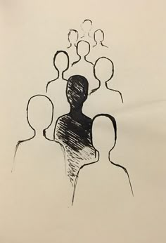 a drawing of a group of people with one person standing in the middle and another sitting behind them