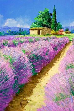 a painting of a lavender field with a house in the distance