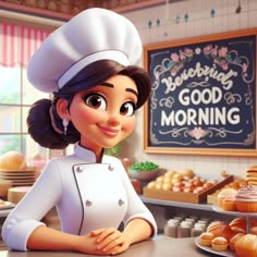 a cartoon character standing in front of a bakery counter with cupcakes on it