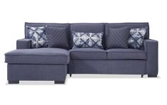 a blue couch with pillows on it