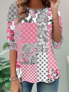 Buy Inexpensive T-shirts at Zolucky online store, SPU: 2941T-8KE26F, Color: Pink, Theme:Spring/Fall, IsFabricImage:No. Pink Tops With Sublimation Print For Spring, Pink Printed Crew Neck Top, Stretch Crew Neck Patchwork T-shirt, Spring Patchwork Crew Neck T-shirt, Spring Patchwork Stretch T-shirt, Pink Stretch Patchwork Tops, Pink Long Sleeve T-shirt With Sublimation Print, Trendy Crew Neck Top With Printing, Pink Crew Neck T-shirt With Print