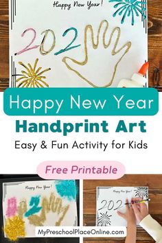 the happy new year handprint art activity for kids with free printables and instructions