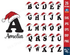 christmas font and numbers with santa hats on them, including the letters for each letter