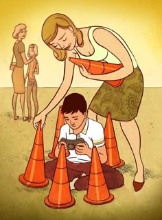 a woman is looking at her cell phone while standing next to traffic cones