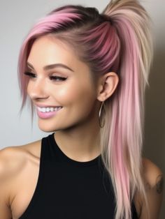 5Start Scroll (5s) Pink Hair Professional, Red Roots And Blonde Hair, Pink Hair Over 40 For Women, Pink Color Melt Hair, Blond And Colored Hair, Blonde Colorful Hair, Bold Hair Color Ideas For Blondes, Edgy Hair Color Ideas Blondes, Pop Of Color In Hair