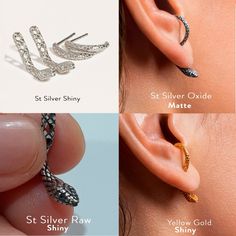 Pendientes serpiente.  Este ear jacket es ideal para usar solo o acompañado con otros diseños de pendientes minimalistas. Nuestro Front Bakc Earrings está diseñado con tres niveles de ajuste para que se pueda adaptar a la medida de tu lóbulo. Earrings Edgy, Snake Ears, Edgy Earrings, Grunge Jewelry, Ear Jacket Earring, Studs Men, Silver Earrings Handmade, Snake Earrings, Mismatched Earrings