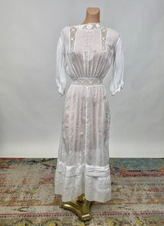 Antique Edwardian White Cotton Summer Dress w/ Floral Crochet Lace Stitch Pleats | eBay Edwardian Dress Casual, 1910 Dress, White Cotton Summer Dress, Cotton Summer Dress, Edwardian Dress, White Cotton Fabric, Cotton Dress Summer, Floral Crochet, Lingerie Dress