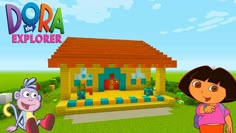 dora the explorer is standing in front of a small house with a monkey and giraffe