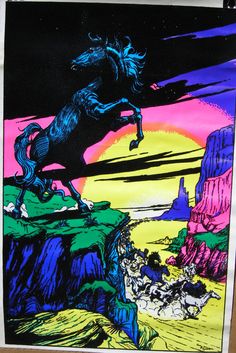 an image of a horse that is jumping over the cliff side in front of mountains