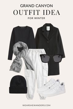 a black and white outfit for winter with text that reads, grand canyon outfit idea for winter