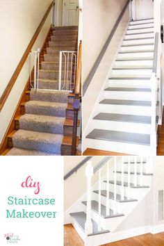 staircase makeover with white and gray stripes