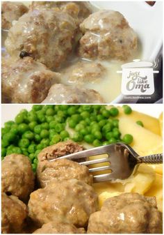 two pictures of meatballs, peas and potatoes with a fork in it on a plate