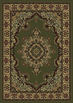 a green rug with an ornate design