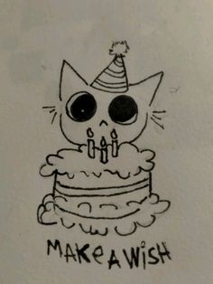 a drawing of a cat wearing a party hat with the words make a wish on it