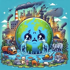 an image of a cartoon earth with water coming out of it's face and buildings in the background