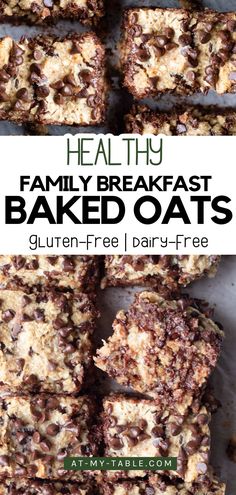 Family-friendly baked oatmeal recipe featuring chocolate chip-topped squares, great for gluten-free and dairy-free households. Healthy Oats, Healthy Baked, Family Breakfast, Oatmeal Recipe, Breakfast Healthy, Baked Oats, Quick Oats