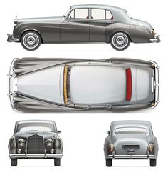 an old car is shown in three different views, including the front and back view