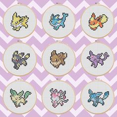 nine cross stitched pictures of different types of pokemons on white and purple chevron background