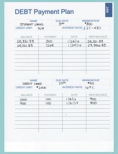 an image of a debt payment plan with numbers and dates on the front side, in blue