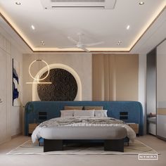 a bedroom with a large bed in the middle and a ceiling fan on the other side