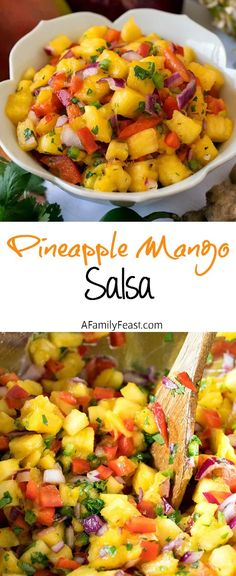 pineapple mango salsa in a white bowl with a wooden spoon on the side and an image of fresh fruit salad