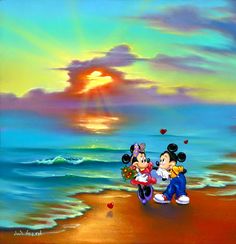 mickey and minnie on the beach at sunset with hearts flying in the sky above them