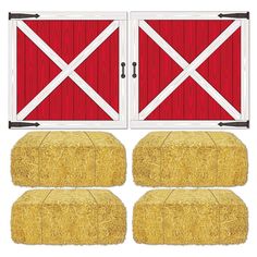 three bales of hay next to two doors and one door with the same design on it