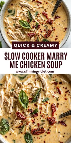 two bowls filled with slow cooker mary me chicken soup