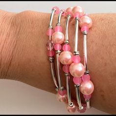 This Brand New Handcrafted Memory Wire Bracelet Has A Silver Plated Memory Wire And Pink Crystal Beads, Pink Frosted Glass Beads, Pink Glass Pearl Beads, Silver Plated Tube Beads And Silver Spacer Beads. Inside Diameter 2 1/4 Inches Will Fit Small Adult Or Teen Wrists Or Can Be Wrapped Around Wrists That Measure Approx Up To 6 1/2 To 7 Inches Tube Bead Bracelet, Beaded Memory Wire Bracelets, Beaded Memory Wire, Memory Wire Bracelet, Memory Wire Bracelets, Wire Bracelet, Memory Wire, Tube Beads, Pink Glass