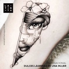 a woman's face with an arrow and flower on her thigh, as if she was in the middle of a tattoo